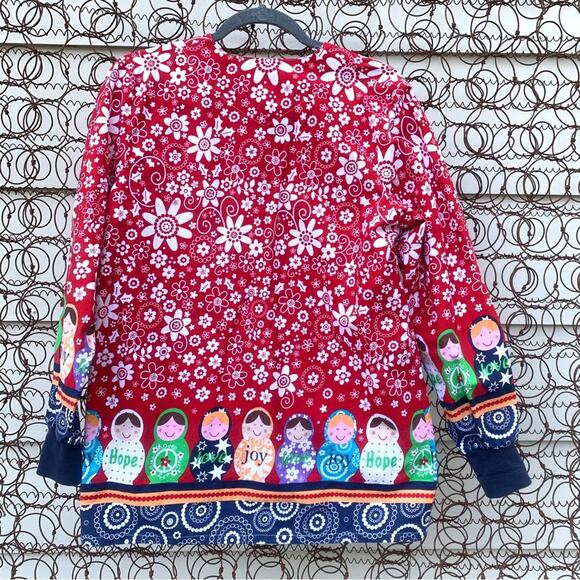 Landau red white floral Joy Love Hope Children Snap Up Nurse Jacket With Pockets - Picture 3 of 5